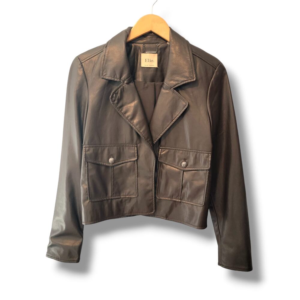 Elie Tahari Faux Vegan Leather Cropped Jacket Brown Size S